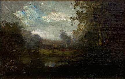 Benigino Yamero Ruiz, Pasture with Pond, painted on a cigar box lid