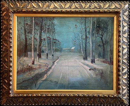 Svend Svendsen, Path in the Snow, a rural Norwegian winter scene of a snow covered roadway outside a town.