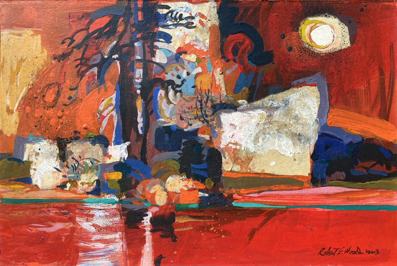 Robert E. Wood  Against the Sea (Ponte d'Ischia, a bridge on the Ilse of Ischia off Naples, Italy)  Title and signature verso on orignial frame  Acrylic, 12 x 18